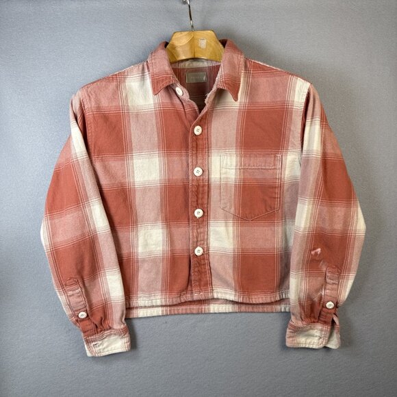 Mother The Overshirt Jacket Size S Hot Off the Block 100% Cotton Orange Plaid - Picture 1 of 11